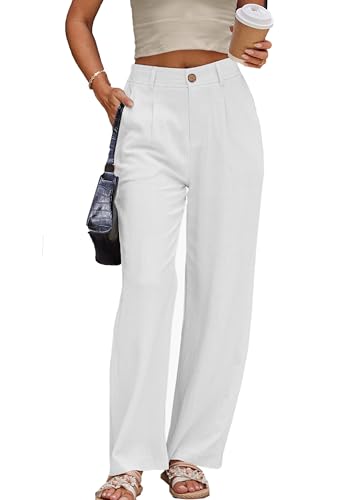 heipeiwa Women's Linen Casual High Waist Wide Leg Straight Dress Cotton Linen Pants Button Trousers