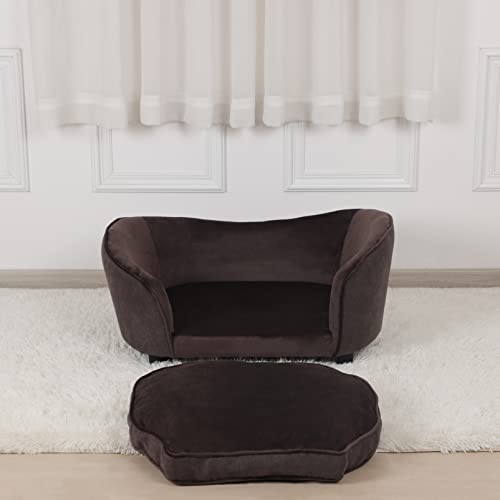 Pet Sofa Bed/Velvet & Linen Fabric Pet Couch with Removeable & Washable Cushion for Small Dogs & Cats (Brown)