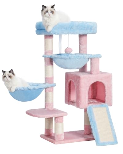 Hey-brother Cactus Cat Tree, Cat Tower for Indoor Cats, Cat House with Large Padded Bed, Cozy Condo, Hammocks, Sisal Scratching Posts, Big Scratcher, Blue and Pink MPJ006SBP