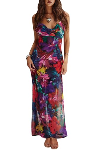 PRETTYGARDEN Women's 2024 Summer Floral Spaghetti Strap Maxi Dress Stretch Sexy Bodycon Dress Backless Slip Long Dresses