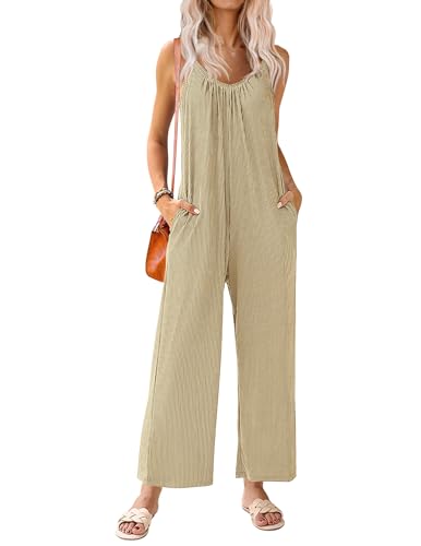 Ekouaer Jumpsuits for Women Loose Sleeveless Adjustable Spaghetti Strap Romper Stretchy Wide Leg Pants Outfits with Pockets