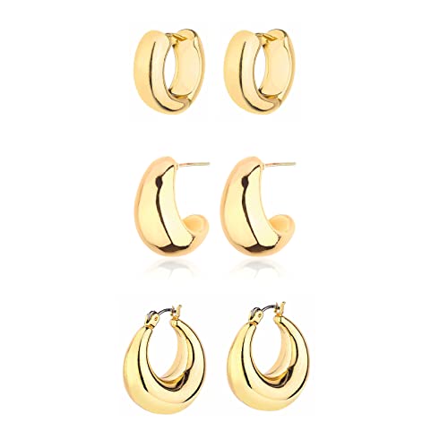 Gold Chunky Hoop Earrings Set for Women, 14K Gold Plated Twisted Huggie Hoop Earring Hypoallergenic, Thick Open Hoops Set Lightweight