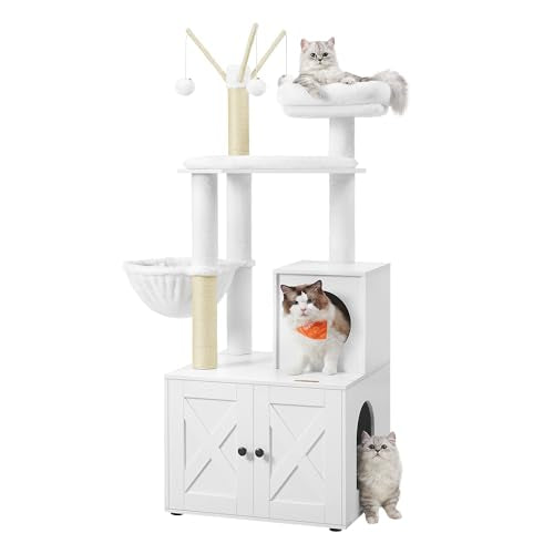 Feandrea Cat Tree with Litter Box Enclosure, 2-in-1 Modern Cat Tower, 54.3-Inch Cat Condo with Scratching Posts, Removable Pompom Sticks, Cloud White UPCT113W01