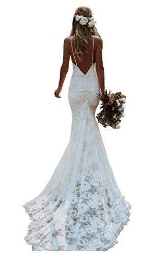 Clothfun Women's Lace Mermaid Beach Wedding Dresses for Bride 2024 with Sleeves Bridal Gowns Long