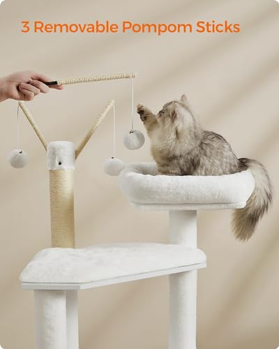 Feandrea Cat Tree with Litter Box Enclosure, 2-in-1 Modern Cat Tower, 54.3-Inch Cat Condo with Scratching Posts, Removable Pompom Sticks, Cloud White UPCT113W01