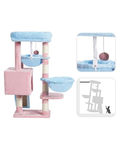 Hey-brother Cactus Cat Tree, Cat Tower for Indoor Cats, Cat House with Large Padded Bed, Cozy Condo, Hammocks, Sisal Scratching Posts, Big Scratcher, Blue and Pink MPJ006SBP