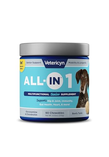 Vetericyn All-in 1 Multifunctional Senior Dog Supplement | Digestive Enzymes + Glucosamine Chondroitin for Hip and Joint Support + Vitamins, Antioxidants, Prebiotics, Probiotics, and Omegas. 90 Count