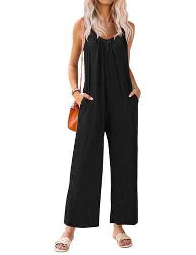 Ekouaer Jumpsuits for Women Loose Sleeveless Adjustable Spaghetti Strap Romper Stretchy Wide Leg Pants Outfits with Pockets