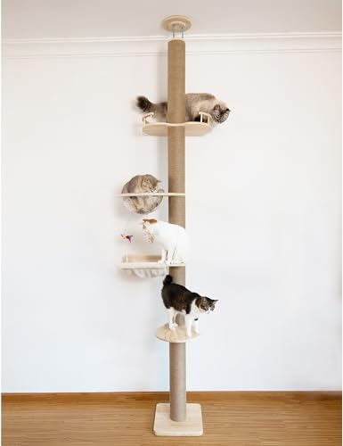 Cat Tree Floor to Ceiling Natural Sisal Rope Scratching Post Height:55.52-118.5 Inches Adjustable Cat Tree Cat Modern Activity Tree