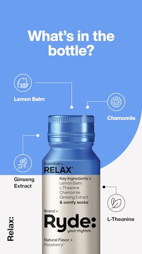 RYDE Relax Shot| Raspberry Flavor|2 FL OZ Shots|Ginseng & Chamomile | Zero Calories, Zero Sugar - for Relaxation and Stress Relief (Pack of 8)