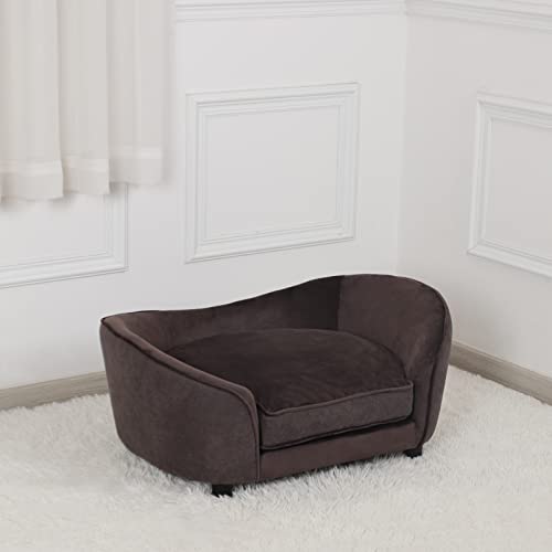 Pet Sofa Bed/Velvet & Linen Fabric Pet Couch with Removeable & Washable Cushion for Small Dogs & Cats (Brown)