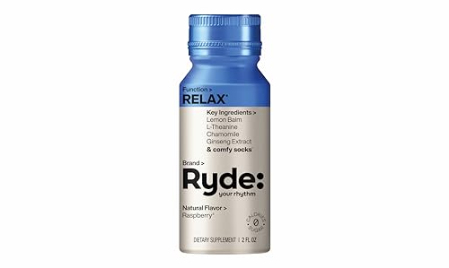 RYDE Relax Shot| Raspberry Flavor|2 FL OZ Shots|Ginseng & Chamomile | Zero Calories, Zero Sugar - for Relaxation and Stress Relief (Pack of 8)