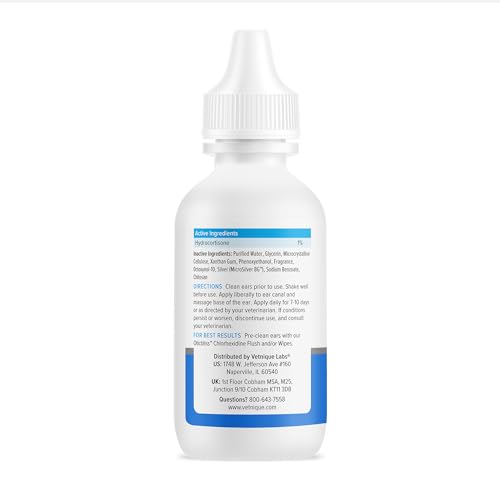 Vetnique Oticbliss Cat & Dog Ear Infection Treatment Drops - with 1% Hydrocortisone & MicroSilver BG for Dog Yeast Ear Infections - Vet Recommended Cat & Dog Ear Cleaner for Itchy Ear Relief