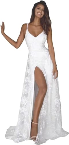 Women Lace Beach Wedding Dresses for Bride 2024 V Neck Lace Sexy Slit Bridal Wedding Gowns for Women