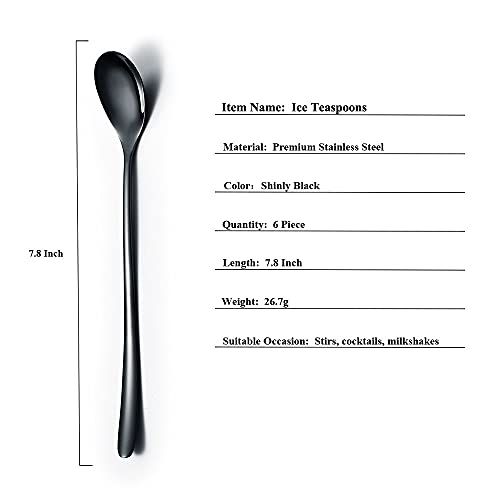 Black Long Handle Spoon, Coffee Stirrers, Premium Stainless Steel Ice Tea Spoons, Ice Cream Spoon, Cocktail Stirring Spoons, Set of 6 (Black)