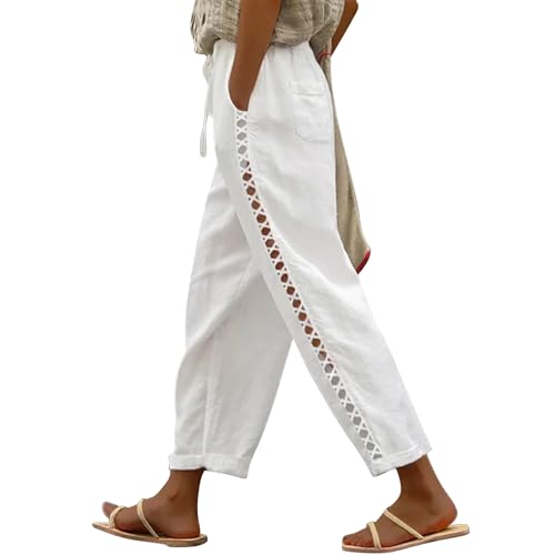 Puimentiua Women's Linen Capri Pants with Drawstring Petite Summer Beachwear Lightweight Elastic Waist Pants