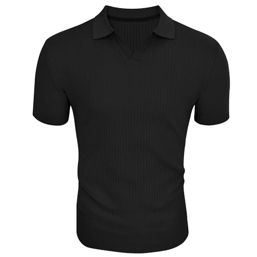 Men's Muscle V Neck Polo Shirts Slim Fit Short Long Sleeve Cotton Golf T-Shirts Ribbed Knit Soft Tees