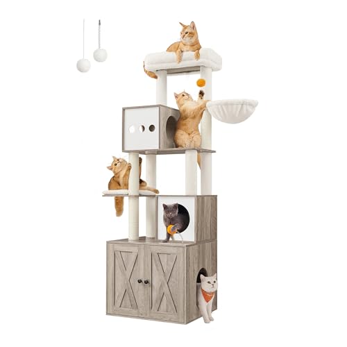 Feandrea Cat Tree with Litter Box Enclosure, 2-in-1 Modern Cat Tower, 72.8-Inch Tall Cat Condo with Scratching Posts, Perch, Caves, Basket, Washable Cushions, Heather Greige UPCT116G01