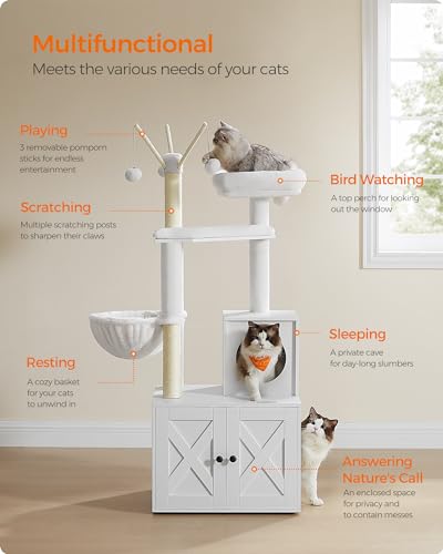 Feandrea Cat Tree with Litter Box Enclosure, 2-in-1 Modern Cat Tower, 54.3-Inch Cat Condo with Scratching Posts, Removable Pompom Sticks, Cloud White UPCT113W01