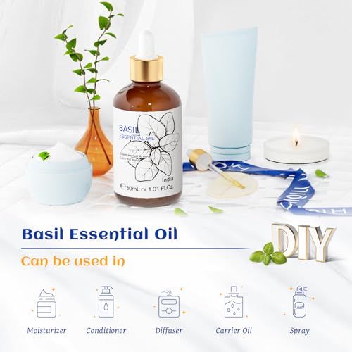 HIQILI 1 Fl Oz Basil Essential Oil, 100% Pure Undiluted for Skin, Diffuser - 30ml