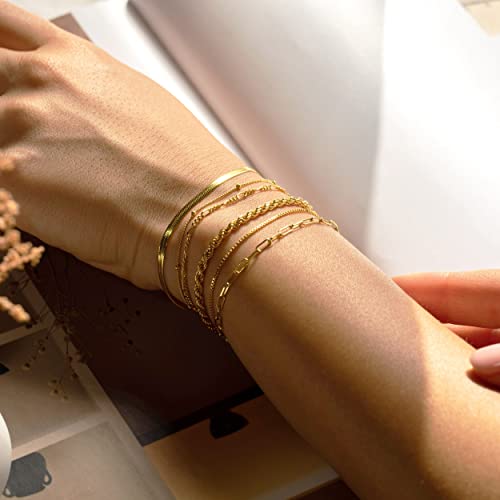 DEARMAY Gold Bracelets for Women Waterproof, 14K Real Gold Jewelry Sets for Women Trendy Thin Dainty Stackable Cuban Link Paperclip Chain Bracelet Pack Fashion Accessories Gifts for Women Girls