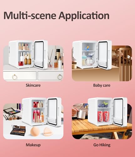 Mini Skincare Fridge (4 Liter/6 Can) with Dimmable LED Light Mirror, Cooler and Warmer for Refrigerating Make Up, Skin Care and Food, Portable Mini Fridge for Bedroom, Office and Car, White