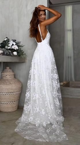 Women Lace Beach Wedding Dresses for Bride 2024 V Neck Lace Sexy Slit Bridal Wedding Gowns for Women