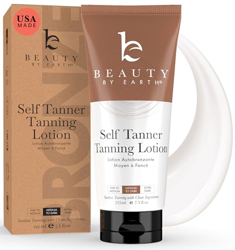 Beauty by Earth Self Tanner - USA Made with Natural & Organic Ingredients, Moisturizing Self Tanning Lotion with Aloe Vera & Coconut for a Natural Glow, Streak-Free Fake Tan, Medium to Dark