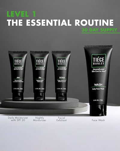 Tiege Hanley Mens Skin Care Set, Essential Skin Care Routine for Men (System Level 1) - Face Wash Kit for Fines Lines & Wrinkles - Men's Skincare Set Includes Face Wash, Facial Scrub, & Moisturizer