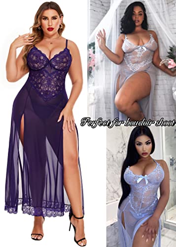 Avidlove Plus Size Lingerie For Women Babydoll Sexy Mesh Maxi Nightdress Strappy Exotic Sleepwear Side Slits