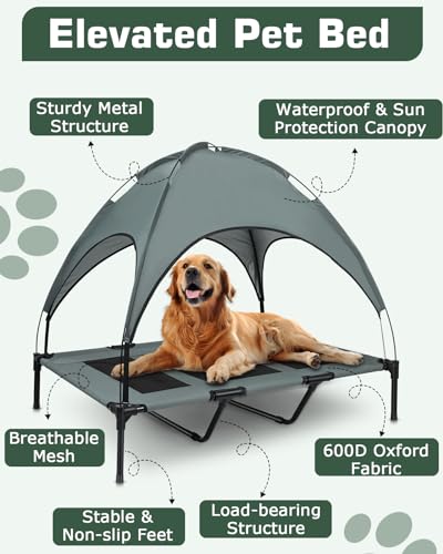 Elevated Dog Bed, Outdoor Dog Bed with Canopy, Raised Dog Cot with Anti-Slip Feet, Breathable Mesh for Indoor & Outdoor Use, Portable Cooling Dog Bed for Dogs Up to 88LBS (XL)