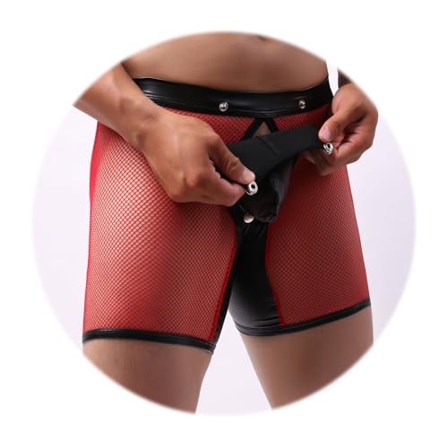 Evankin Men's See Through Sexy Mesh With Faux Leather Loose Shorts Pants Erotic Clubwear Button Removable Pouch