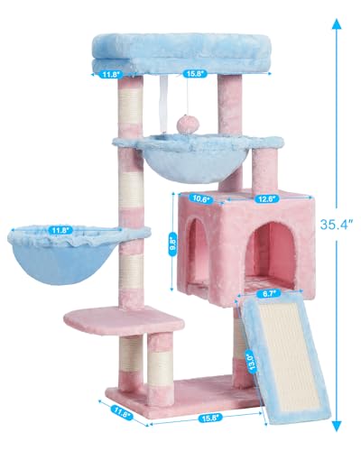 Hey-brother Cactus Cat Tree, Cat Tower for Indoor Cats, Cat House with Large Padded Bed, Cozy Condo, Hammocks, Sisal Scratching Posts, Big Scratcher, Blue and Pink MPJ006SBP