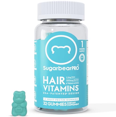 Sugarbear Hair Vitamins - Biotin, Zinc, Iodine, Vitamin E, Folic Acid, Inositol - Vegan Gummies for Hair and Nails, Supplement for Women & Men (1 Month Supply + Bonus Gift)