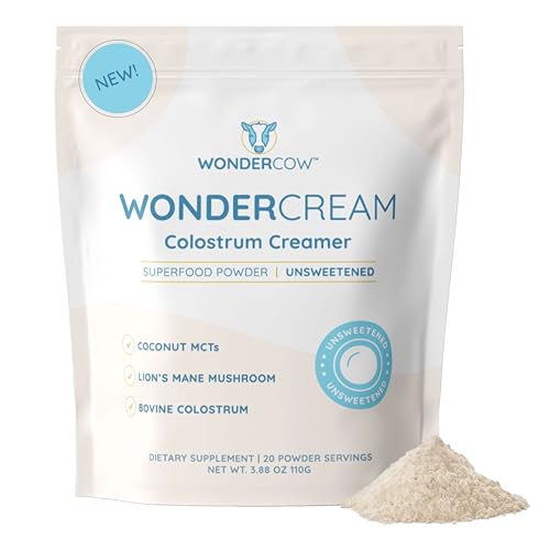 WonderCow Bovine Colostrum Superfood Creamer Supplement Powder w/Organic Lions Mane Mushroom & Coconut Milk Powder MCTs | Functional Sugar Free Keto Coffee, Smoothie & Drink Mix Unsweetened