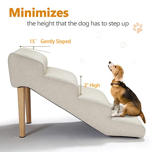 Senneny Imitation Linen Faux Leather Dog Stairs, for Pets up to 150 lbs, Waterproof, Scratch Resistant Pet Steps/Stairs with High Density Foam and Detachable Wooden Legs, Light Beige Linen, 4 Step