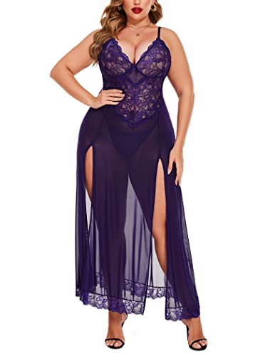 Avidlove Plus Size Lingerie For Women Babydoll Sexy Mesh Maxi Nightdress Strappy Exotic Sleepwear Side Slits