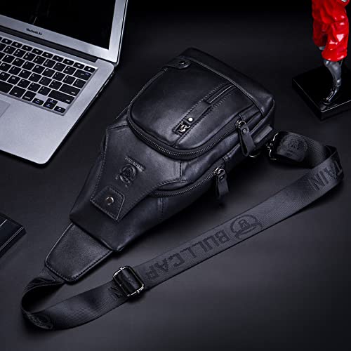 BULLCAPTAIN Genuine Leather Sling Bag with USB Charging Port Multi-pocket Chest Bag for Men Hiking Travel Daypack XB-129