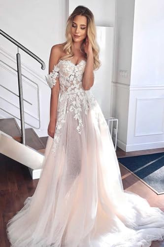 A Line Lace Appliques Wedding Dress with Slit Off The Shoulder Backless Boho Bridal Gowns