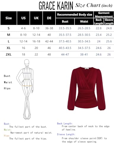 GRACE KARIN 2024 Womens Tops Summer Elegant Wrap Blouse V Neck Long Sleeve Dressy Casual Ruched Top