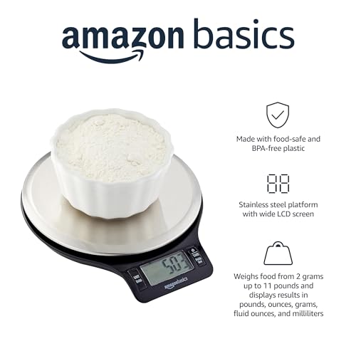 Amazon Basics Digital Kitchen Scale with LCD Display, Batteries Included, Weighs up to 11 pounds, Black and Stainless Steel