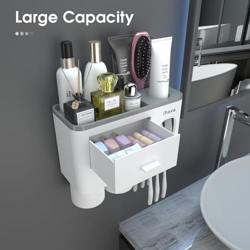 iHave Toothbrush Holders for Bathrooms, 2 Cups Toothbrush Holder Wall Mounted with Toothpaste Dispenser - Large Capacity Tray, Cosmetic Drawer - Bathroom Decor & Bathroom Accessories