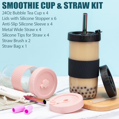 Reusable Glass Mason Jars Cups with Lids and Straws Silicone Sleeves, 4 Pack 24Oz Wide Mouth Smoothie Cups Glass Bubble Tea Cup, Leakproof drinking glasses Water Bottle Travel Tumbler for Large Pearl