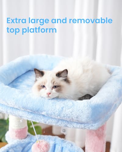 Hey-brother Cactus Cat Tree, Cat Tower for Indoor Cats, Cat House with Large Padded Bed, Cozy Condo, Hammocks, Sisal Scratching Posts, Big Scratcher, Blue and Pink MPJ006SBP