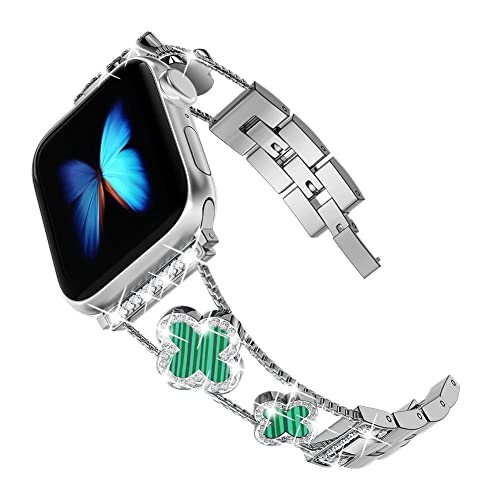 diamond metal band adds sparkle to your watch - Compatible with Apple Watch Series 8/7/6/5/4/3/2/1SE/Ultra - Clover is simple and stylish, fits women's sizes 38mm 40mm 41mm 42mm 44mm 45mm 49mm.(Gold/black, 42mm/44mm/45mm)