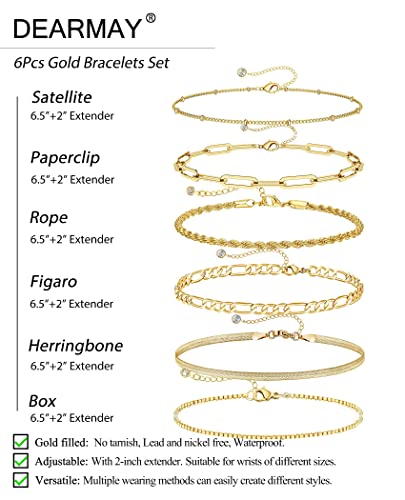 DEARMAY Gold Bracelets for Women Waterproof, 14K Real Gold Jewelry Sets for Women Trendy Thin Dainty Stackable Cuban Link Paperclip Chain Bracelet Pack Fashion Accessories Gifts for Women Girls