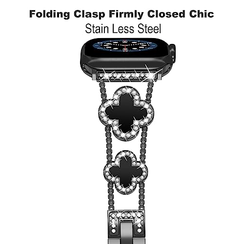 diamond metal band adds sparkle to your watch - Compatible with Apple Watch Series 8/7/6/5/4/3/2/1SE/Ultra - Clover is simple and stylish, fits women's sizes 38mm 40mm 41mm 42mm 44mm 45mm 49mm.(Gold/black, 42mm/44mm/45mm)