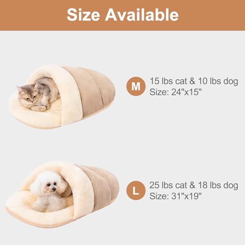 Jiupety Cat Bed for Indoor Cats, Slipper Cat Bed Cave, Cute Covered Cat Bed, Cozy Soft Pet Bed for Cat and Dog, Anti Slip Warm Kitten Bed House Cave, Enveloping Pet House Nest, L 25lbs,Camel