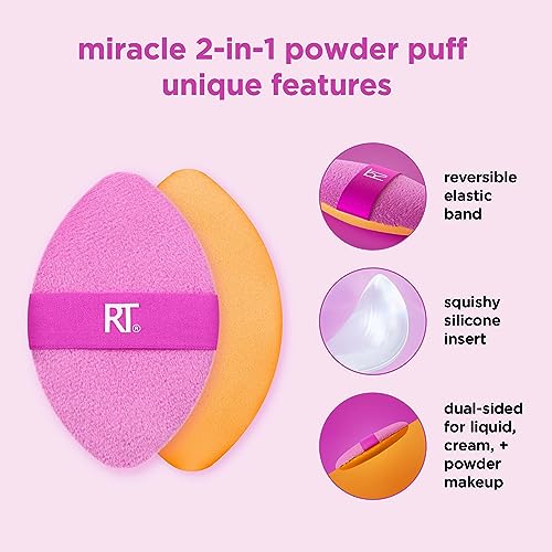 Real Techniques Miracle 2-In-1 Powder Puff, Dual-Sided, Full-Size Makeup Blending Puff, Reversible Elastic Band, Precision Tip Makeup Sponge & Powder Puff, For Liquid, Cream & Powder, 2 Count