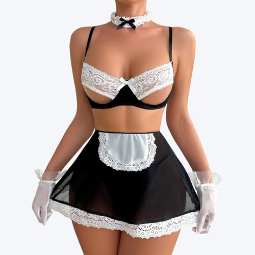 Sexy French Maid Lingerie for Women Adult Cosplay Uniform Costume Teddy Apron Lolita Skirt Lingerie Set